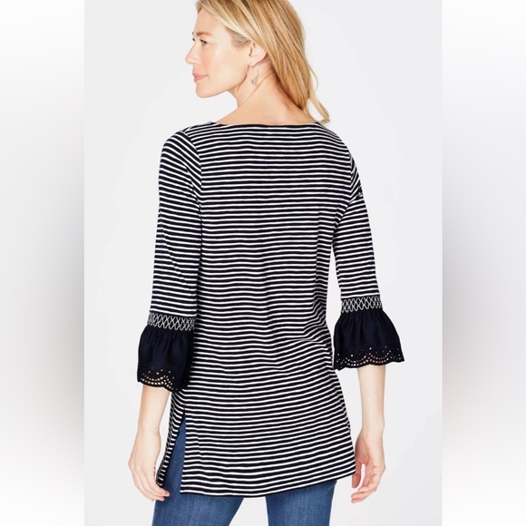J.Jill Stylish Mixed-Media Smocked-Sleeve Tunic navy and white size large women - Picture 4 of 14